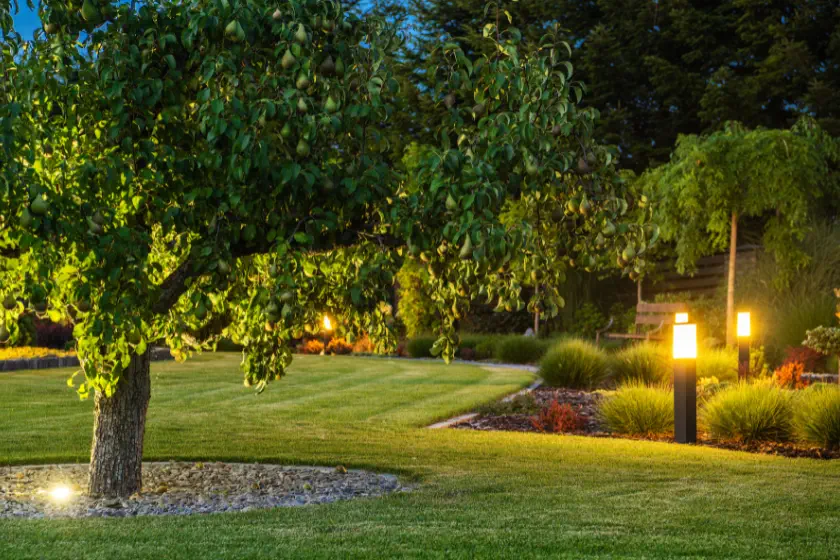 A well-maintained garden at dusk features a leafy tree with ground lighting, manicured grass, flower beds, shrubs, and modern pathway lights glowing along a curved path.