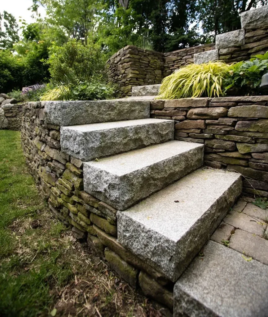 Stone steps lead up through a garden with lush greenery and stone walls, surrounded by trees and plants on a sunny day.