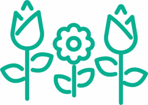 A simple teal outline illustration of three flowers—two tulips on the sides and a daisy-like bloom in the center—each with a stem and two leaves, highlighting the beauty that careful pruning can bring to any garden.