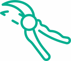 A green line drawing of pruning pliers with open handles and curved jaws, shown at an angle on a light gray background.
