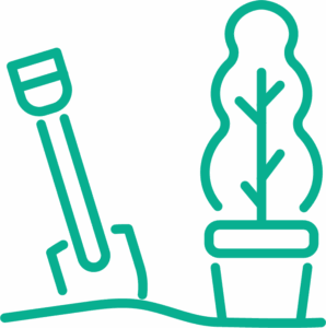 A simple green line drawing of a shovel stuck in the ground next to a potted plant with a tall, leafy stem, ready for pruning.